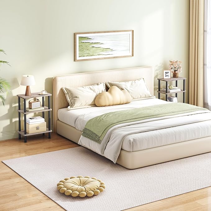 HOOBRO Narrow Side Table, 3-Tier Slim End Table No Tools Needed, Twist-On Assembly, Skinny Nightstand Sofa Storage Shelf for Living Room, Bedroom, Study, Greige and Black BG246BZ01