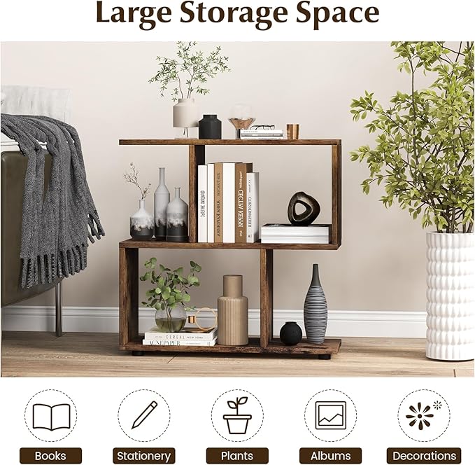 Giantex 3-Tier Geometric Bookshelf Set of 2, 24" Tall Wood S-Shaped Display Shelves with Thick Foot Pads, Freestanding Open Shelves Nightstand, Floor Standing Display Shelf Bookcase, Brown