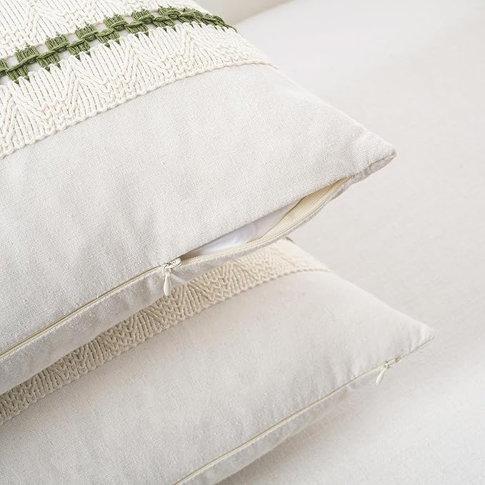 Fancy Homi Set of 2 Boho Moss Green Long Lumbar Decorative Throw Pillow Cover 14x24 Inch for Couch Bed Sofa Chair, Modern Organic Farmhouse Home Decor, Soft Cotton Cute Accent Rectangle Cushion Case