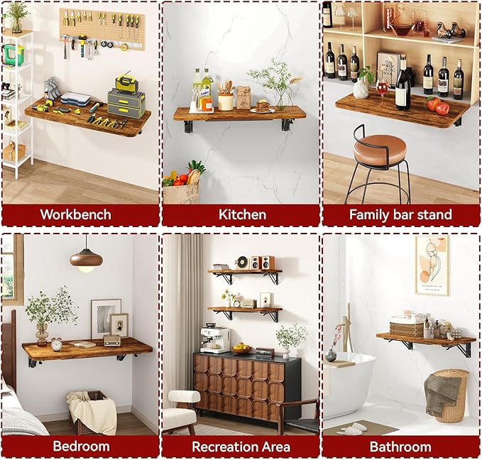 IBUYKE Wall Mounted Folding Table, Floating Wall Desk for Small Spaces, Fold Down Laundry Shelf with Heavy-Duty Brackets, Wall Table for Home Office/Bar/Kitchen/Dining, Rustic Brown UTVT005H