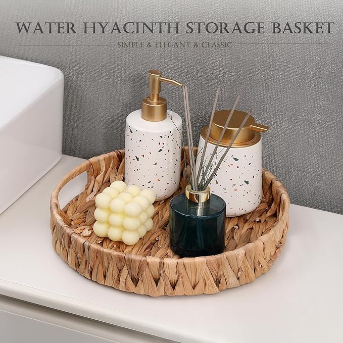 Round Serving Tray Hand-Woven Wicker Basket 11.8x1.9in Water Hyacinth Baskets with Handles,Coffee Table Tray for Fruit,Arts,Crafts