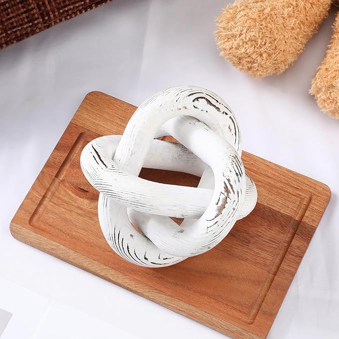 3 Link Wood Knot Decor - Hand Carved Coffee Table Decoration, Boho Chain Link Decor, Modern Shelf, Rustic Objects for Home Living Room Bedroom(Retro White)