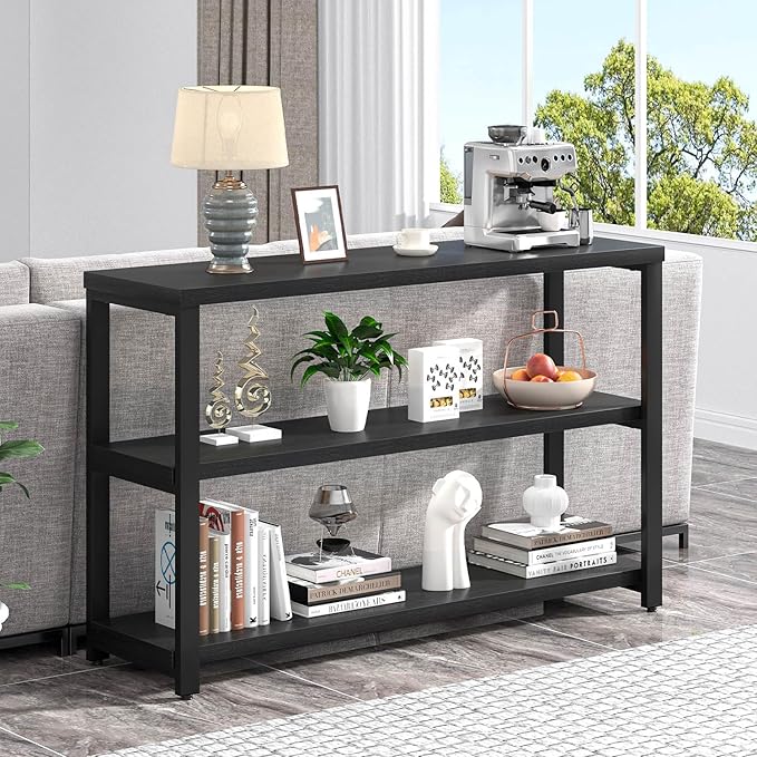 EXCEFUR Industrial Entryway Table, 3 Tier Console Table for Living Room, Wood Sofa Table for Hallway Behind Couch (47 Inch, Modern Black)