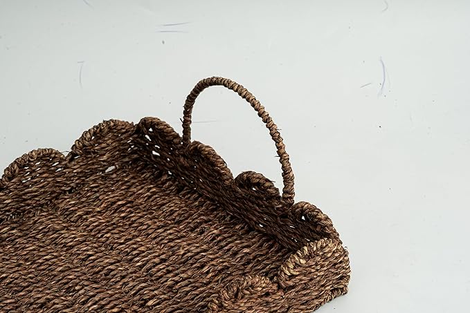 14" Handmade Wicker Tray with Scalloped Edge, Seagrass Basket with Handles, Decorative Boho Accent for Coffee Table or Ottoman, Holiday Serving