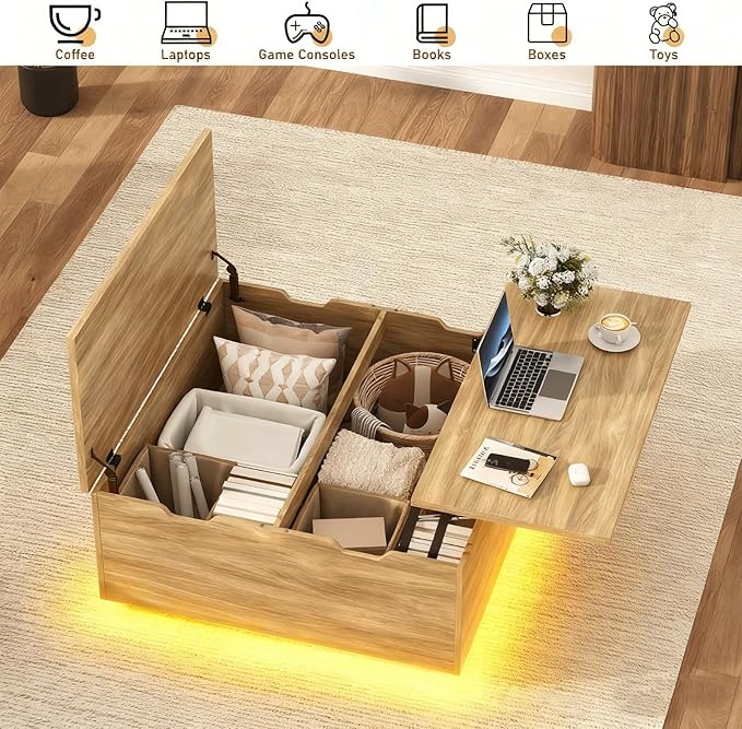 36" Lift Top Coffee Table with Storage, Wood Square Coffee Table with LED Lights and Charging Station, Multi-Function Living Room Center Table with Large Hidden Space, Oak