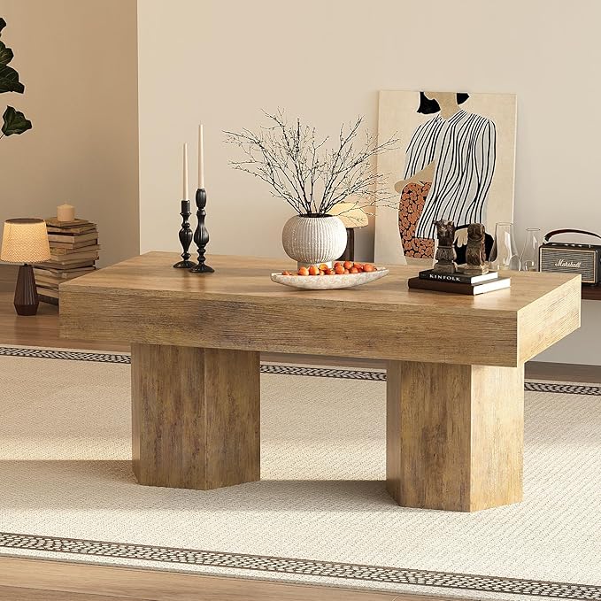 GiftGo Coffee Table Mid Century Modern Center Living Room Table Farmhouse Wooden Rectangle Cocktail Tea Table for Office (Light Brown, L-39.37)