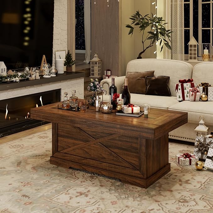 Coffee Table 39 in Rustic Center Table with X-Design Wooden Pedestal for Living Room, Space Saving, Rectangle Home Office Tea Accent Table for Dining Room Apartment, Walnut