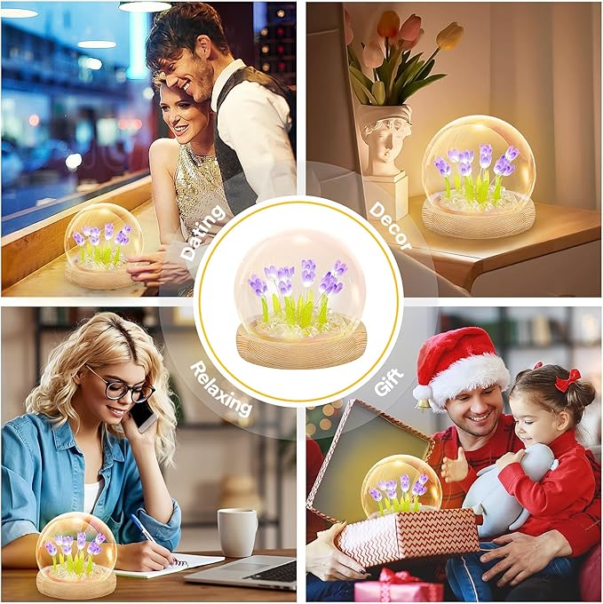 ONXE Birthday Flower Gifts for Mom,Tulips Night Light Small Glass Flower Lamp with Wooden Base for Home Decor Romantic Unique Christmas Gift for Women Girlfriend Sister Grandma Wife Her