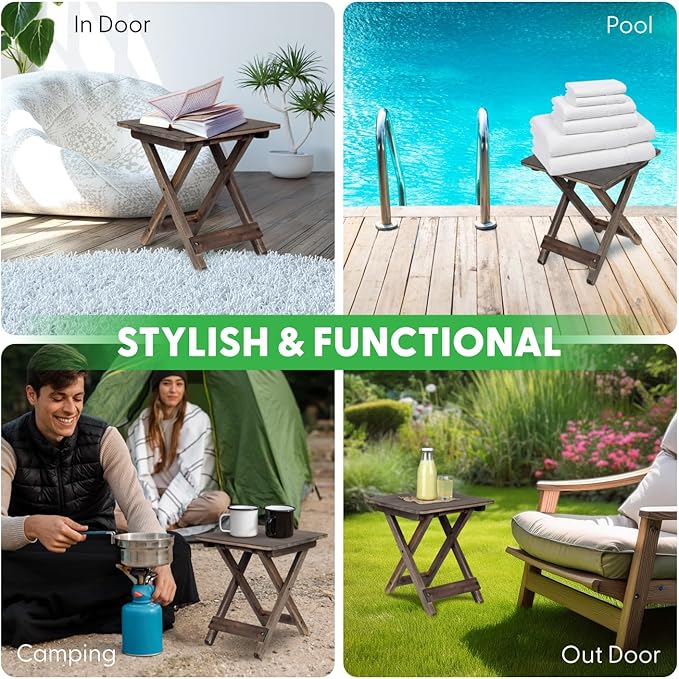 Small Patio Table, Folding Side Table, Accent Table, Wooden Top for Living Room, Bedroom (Square - Walnut - Set 2)