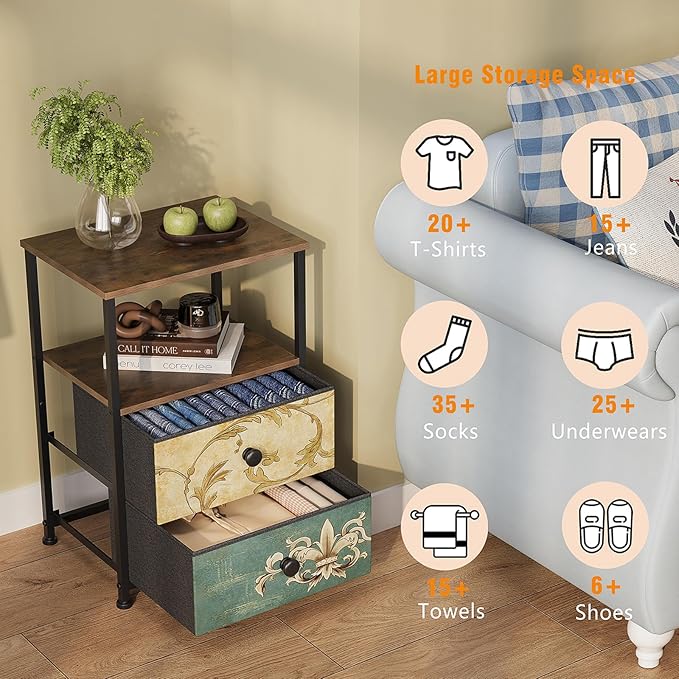 Tohomeor Nightstand with 2 Fabric Drawers Retro Flower End Table Side Table with Open Storage Shelf for Bedroom Living Room Sofa Beside Vintage