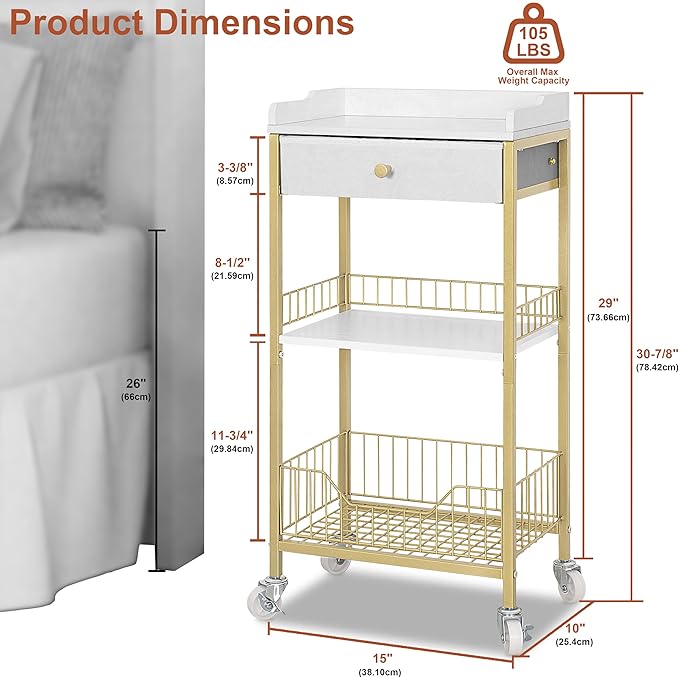 Small Side Table with Storage Basket, Narrow End Table with Drawer, 4-Tier Bathroom Storage Shelves with Optional Wheels, Tall Nightstand for Dorm, Living Room, Bedroom, Gold & White