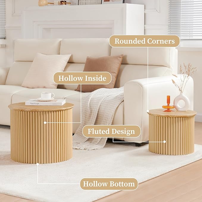 AVZEAR Round Nesting Coffee Table Set of 2, Small Fluted Coffee Table Circle Side Table, Boho Modern Wood Nesting Tables Farmhouse End Table Set for Living Room, Bedroom, Small Spaces(Natural)