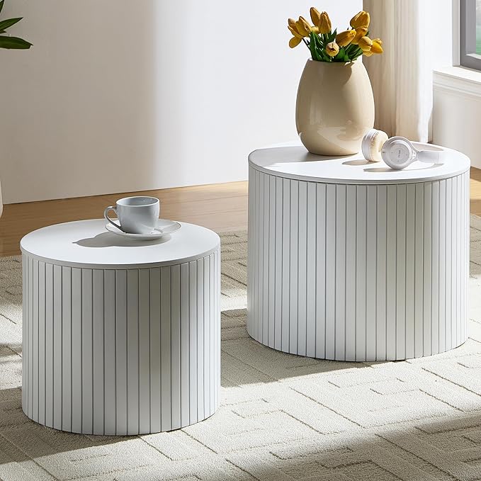 Small Nesting Round Coffee Table Set of 2, Modern Wooden Circle Accent End Side Table for Living Room, Bedroom, No Assembly Required, White