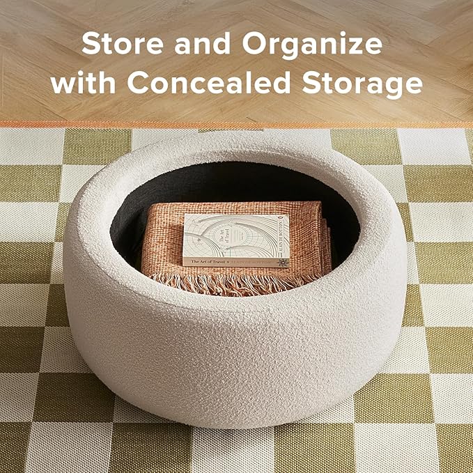 mopio Luna Round Ottoman with Storage and Tray, Round Coffee Table with Storage, Upholstered Foot Stools Ottoman for Living Room, Bedroom, with Solid Rubberwood Legs (Pearl White Performance Boucle)