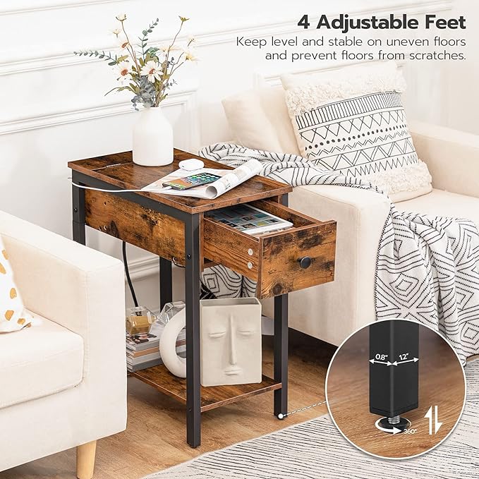 HOOBRO End Table with Charging Station, Narrow Side Table, Small Nightstand, Bedside Tables with Drawer and Storage Shelves, for Small Spaces, Living Room, Bedroom, Rustic Brown and Black BF041BZ01G1