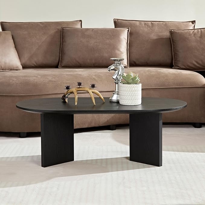WILLIAMSPACE 39.37" Oval Wooden Coffee Table, Modern Wood Center Table with Sturdy Pedestal for Living Room, Accent Side Table End Table for Apartment (Black)