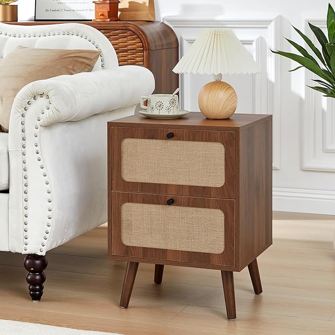 16" Wooden Nightstand with 2 Storage Drawer, Farmhouse Bedside End Table with Linen Decor, Mid Century Modern for Night Stand Bedroom, Living Room & Small Spaces (Walnut)
