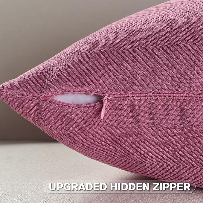 FUTEI Hot Pink Chenille Throw Pillow Covers 18x18 Inch Set of 2,Soft Wide Chevron Textured Cushion Case,Farmhouse Home Decor for Couch Living Room