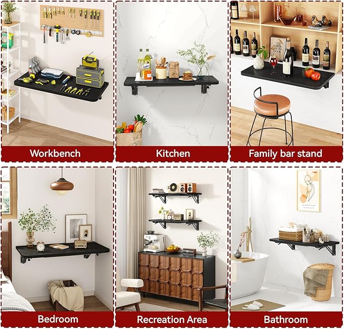 IBUYKE Wall Mounted Folding Table, Floating Wall Desk for Small Spaces, Fold Down Laundry Shelf with Heavy-Duty Brackets, Wall Table for Home Office/Bar/Kitchen/Dining Black UTVT005B