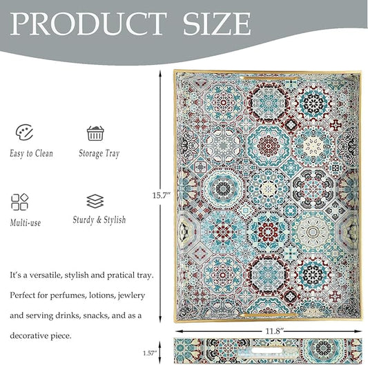 Spsyrine Decorative Serving Tray with Handles, Lacquered Coffee Table Tray for Ottoman, Rectangular Waterproof Platters for Centerpieces, Parties, Living Room, Kitchen Counter Organization SP3040RE2