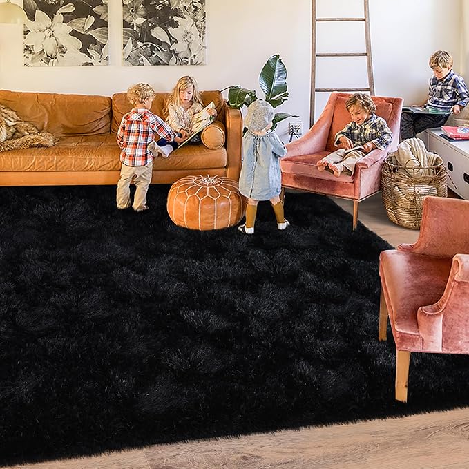 Large Rugs for Living Room 9x12, Soft Shaggy Modern Shag Area Rug for Bedroom, Upgrade Non-Slip Plush Fluffy Carpet for Kids Boys Girls Room Home Decor Aesthetic, Black