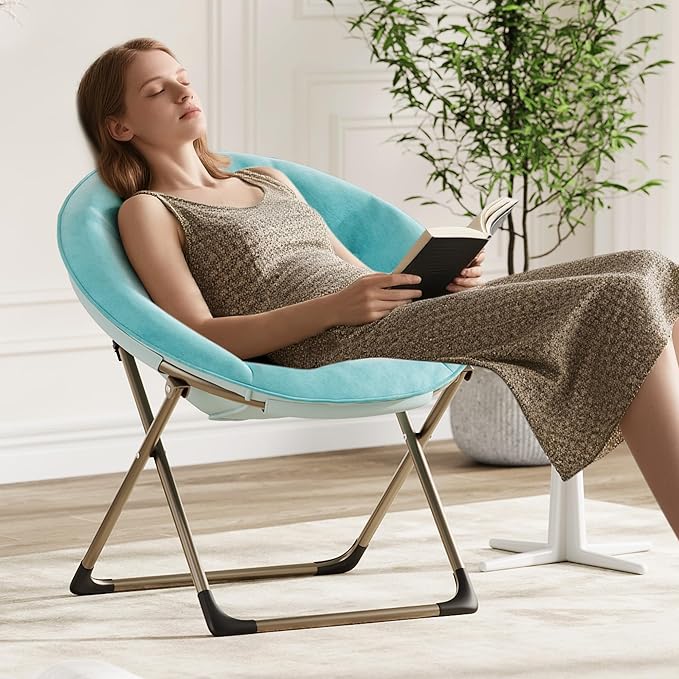 GarveeHome Comfy Oversized Saucer Chair – Soft Plush Fabric Reading Lounger for Adults, Stable X-Large Metal Frame Foldable Accent Lazy Chair for Bedroom, Living Room, Dorm, Office, Blue