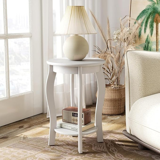 GOFLAME 2-Tier Round End Table, Mid-Century Modern Sofa Side Table with Storage Shelf, Solid Wood Legs, Compact Accent Table, Nightstand for Living Room, Bedroom, Small Space, White