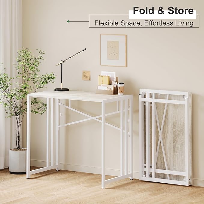 Small Folding Desk 35 inch, No Assembly Required Small Office Desk, Writing Gaming Computer Camping Table, Beige