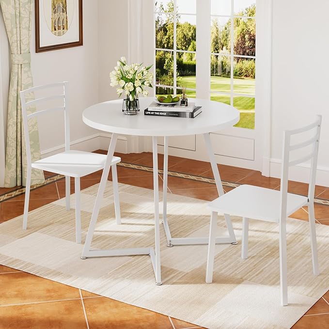 VECELO Small Round Dining Table Set for 2, Wood Tabletop with Strong Metal Frame, Modern Dinette with Chairs for Kitchen, Breakfast Nook Living Room, Pure White