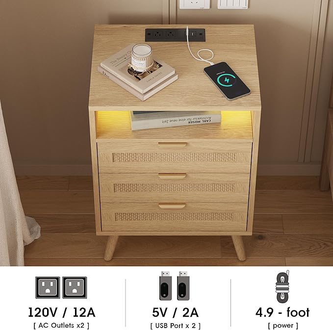 Rattan Nightstand with Charging Station USB Port Led Lights and 3 Storage Drawers, Bedroom Furniture Night Stand Bedside Table Bed Side Table End Table Sofa Table (1 Pack)