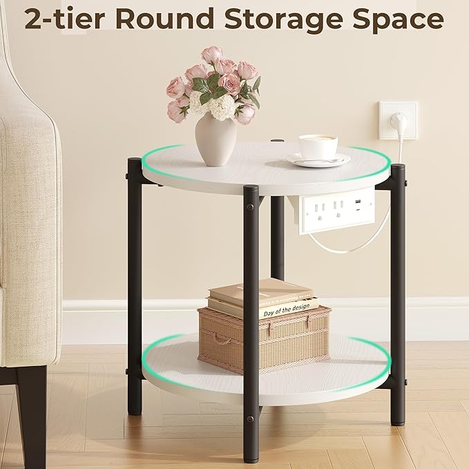 LIKIMIO 15.8" W Small Round Side Table with Charging Station, 2-Tier End Table with Lower Shelf, Wooden Nightstand for Small Spaces, Living Room, Bedroom, White