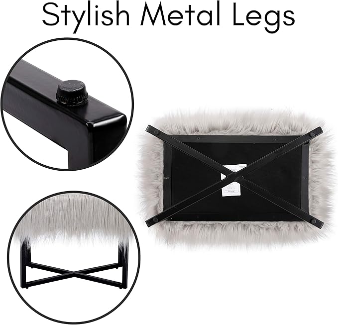 BIRDROCK HOME Rectangular Faux Fur Vanity Stool Ottoman w/Black Metal Legs - Small Fluffy Makeup Seat - Cute Foot Rest for Bedroom, Desk, or Dressing Table - Compact Chair for Girls Dorm Room - Grey