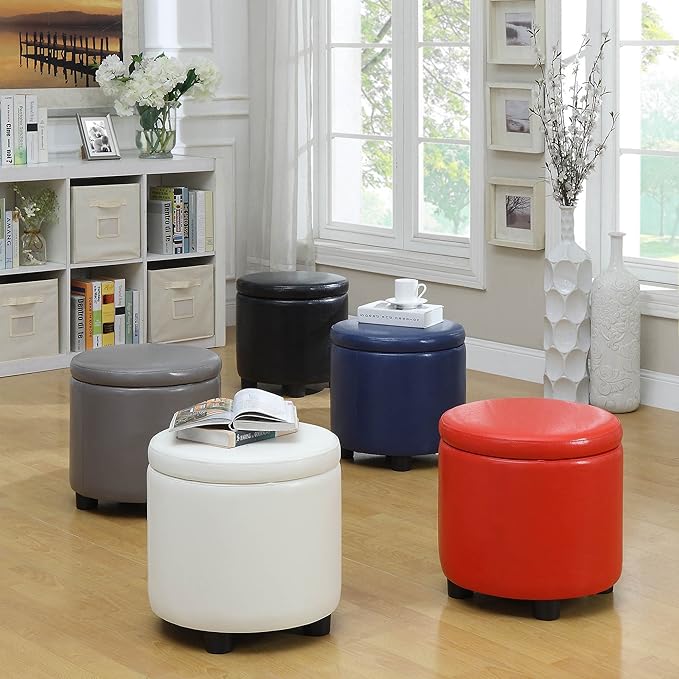 Convenience Concepts Designs4Comfort Round Accent Storage Ottoman in Black Faux Leather Fabric