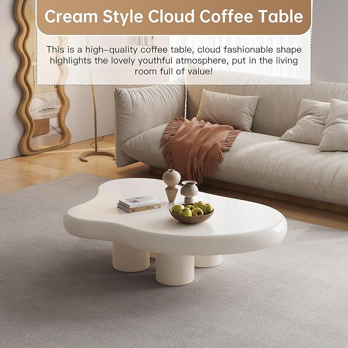 46.06" Cloud Shaped Coffee Table for Living Room,Cream Style Center Table with 4 Legs,Cute Side Table, Tea Table for Home, Easy Assembly, Cream White