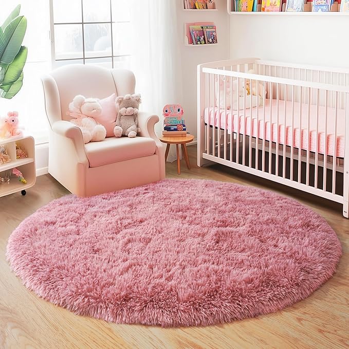 4'x4' Blush Round Rugs for Girls Bedroom, Ultra Soft Fluffy Circle Rug for Kids Room, Cute Shag Rugs for Living Room Playroom Tent Castle Home Decor Rug