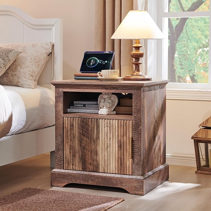 Fluted Nightstand with Charging Station, 22" Large Modern Side Table, Wood End Table w/Open Shelf & Spacious Tabletop, Bedside Table with Storage Space for Bedroom, Living Room (Light Brown)