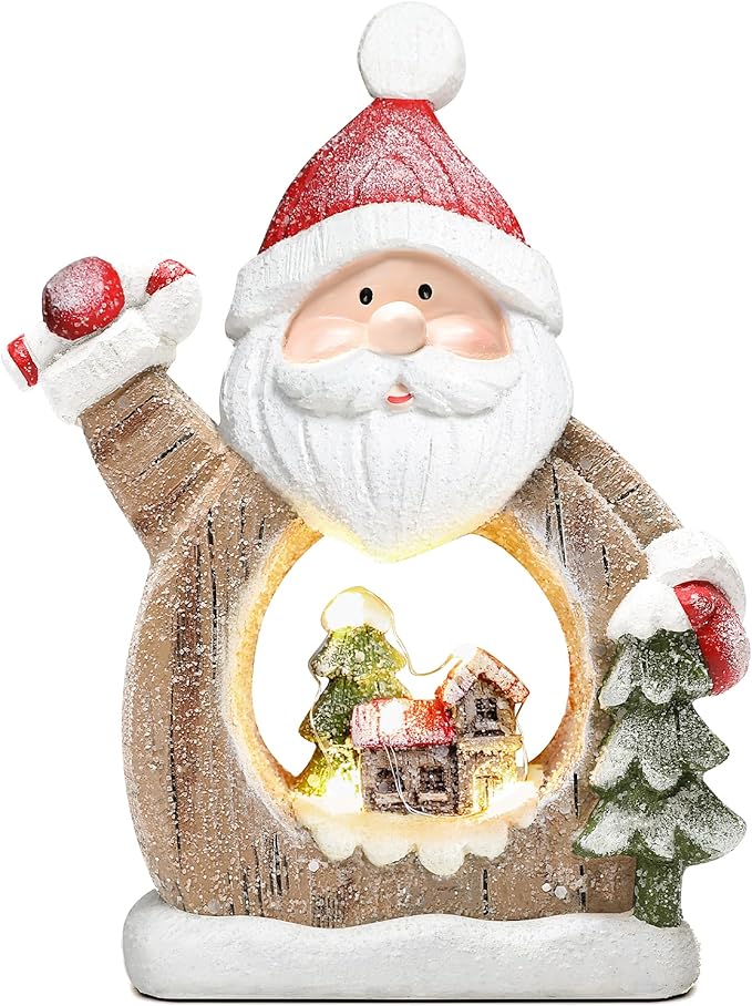 Santa Claus Decoration with LED Lights, Resin Christmas Figurine Indoor Holiday Party Home Decoration Winter Table Centerpiece Fireplace Bedroom Window Decor