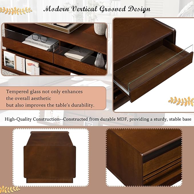 Modern Wooden Coffee Table with 4 Drawers & 2 Open Storage Shelves, 47.2-Inch Rectangular Fluted Accent Tables Center Cocktail Table for Living Room, Brown