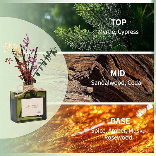 Reed Diffuser, 6.09 oz Earthy Sandalwood Scent Diffuser with Sticks & Dried Flowers, 120 Days Long Lasting diffusers for Home, Elegant Fragrance for Bathroom Bedroom Office Decor Air Fresh