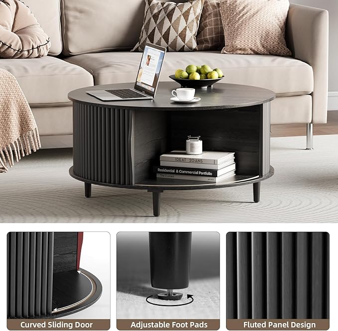 Round Coffee Table with Storage, Mid Century Modern Center Table with Sliding Cabinet Door, Fluted Dining Table for Living Room, Home Small Space, 31.5", Black