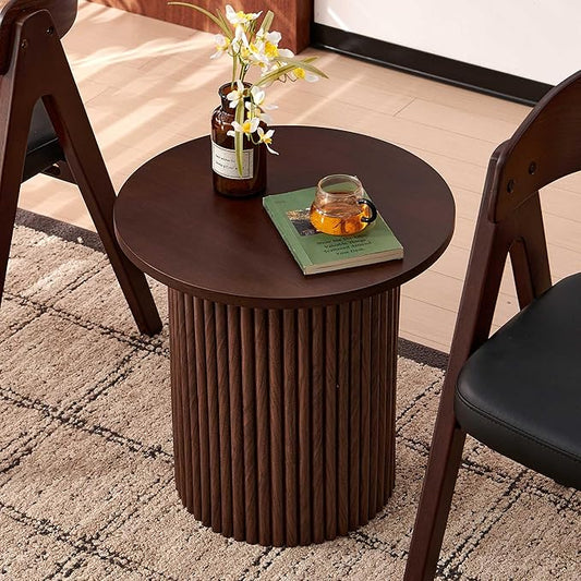 19 Inch Round End Table, Small Accent Pedestal Side Table, Wood Bedside Table for Living Room, Bedroom, Walnut Wood Veneer