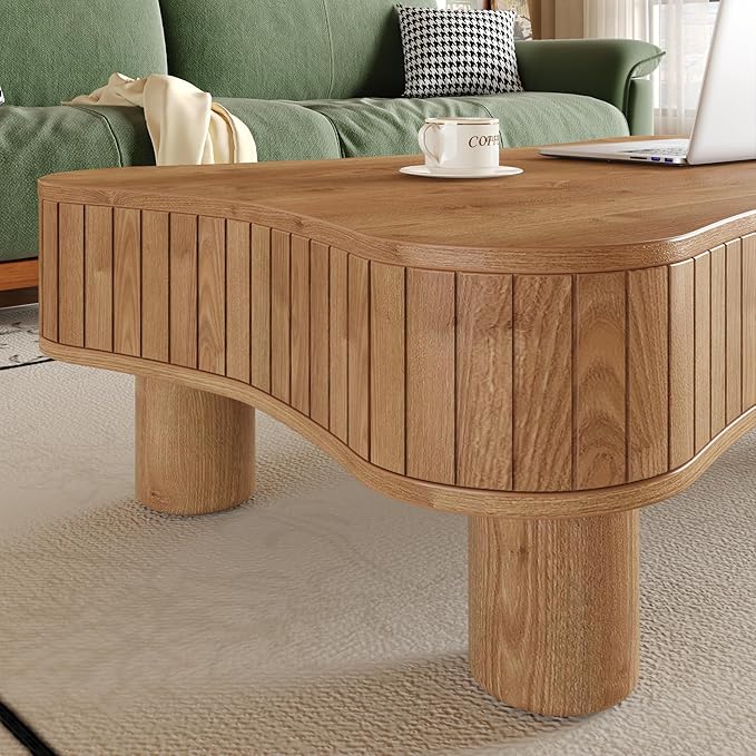 42.5" Lift Top Fluted Coffee Table with Hidden Storage Compartment, Modern Cloud-Shaped Wooden Center Table Cocktail Tea Table with Curved Safety Corners and Adjustable Height, Brown