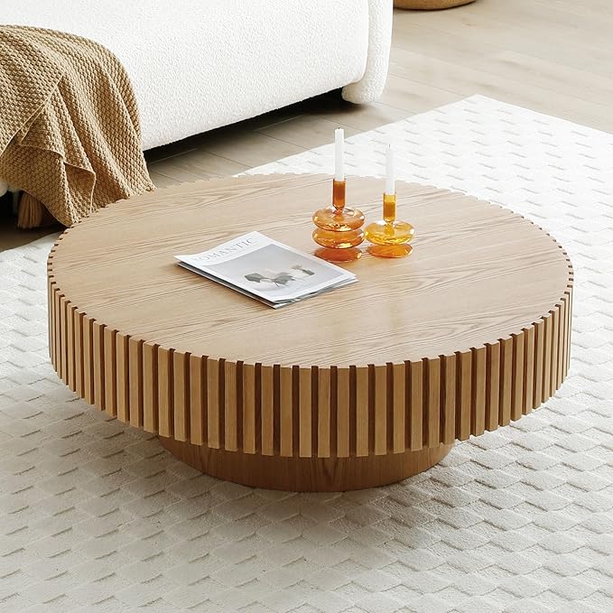 Round Coffee Table, Modern Wooden Coffee Table for Living Room, Farmhouse Circle Center Table, Drum Fluted Accent Tea End Table for Living Room, Apartment Small Space (35'' Natural Ash)