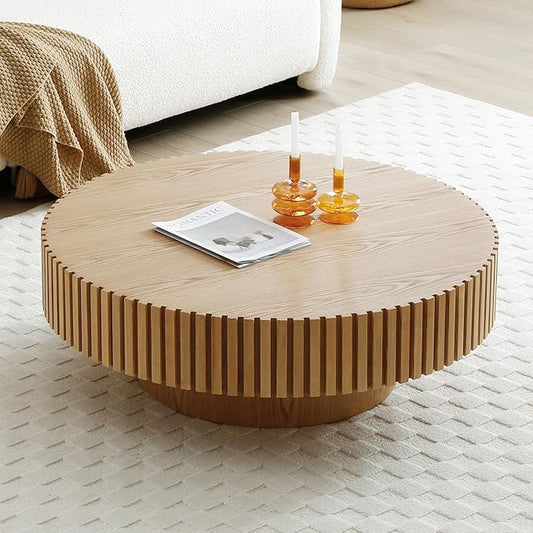 Round Coffee Table, Modern Wooden Coffee Table for Living Room, Farmhouse Circle Center Table, Drum Fluted Accent Tea End Table for Living Room, Apartment Small Space (35'' Natural Ash)