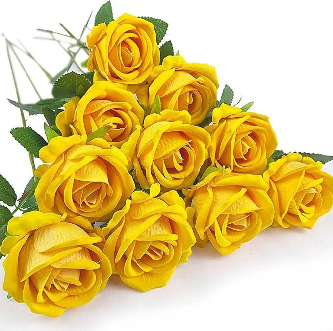 10 PCS Artificial Roses with Long Stems Silk Flowers Realistic Foam Flowers Fake Roses for Valentine's Day Home Wedding Halloween Decor(Yellow)