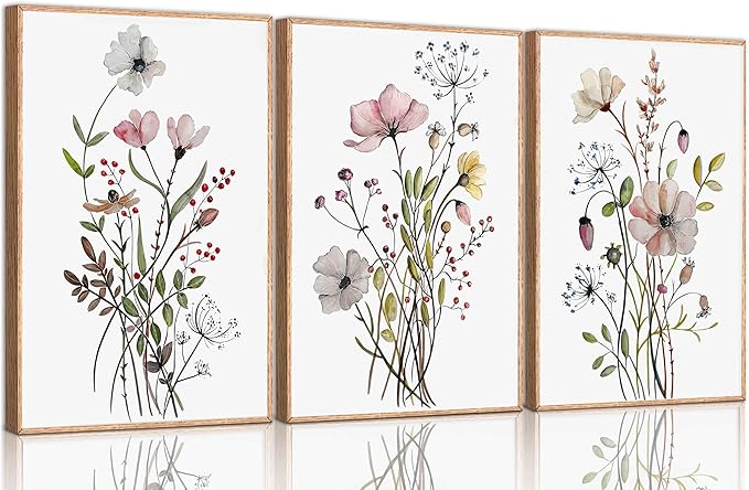 3Pcs Watercolor Wildflower Canvas Wall Art Modern Minimalist Colorful Botanical Floral Painting Pictures Wall Decor Flower Posters Print Artwork for Living Room Bedroom Home Decoration Unframed