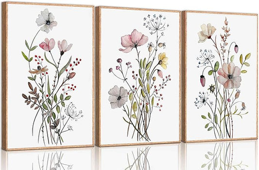 3Pcs Watercolor Wildflower Canvas Wall Art Modern Minimalist Colorful Botanical Floral Painting Pictures Wall Decor Flower Posters Print Artwork for Living Room Bedroom Home Decoration Unframed