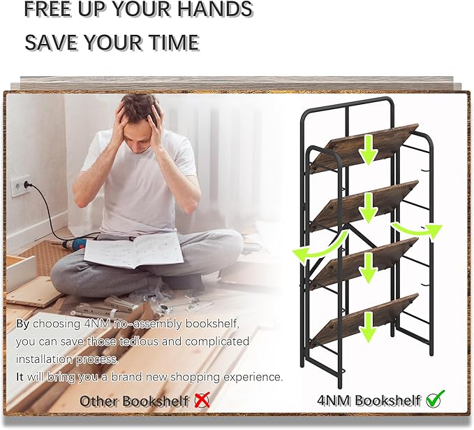 4NM No Assembly Folding Bookshelf, 4 Tiers Collapsible Book Shelves Open Industrial Foldable Storage Bookcase Shelf for Bedroom, Living Room, Home Office - Rustic Brown and Black