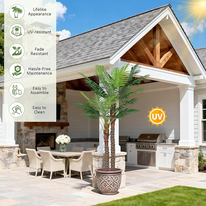 7FT UV-Resistant Faux Palm Tree–84in Realistic Artificial Palm Tree Indoor Outdoor, Tropical Fake Plant for Home Office Patio Poolside Yard Christmas Hotel Gift