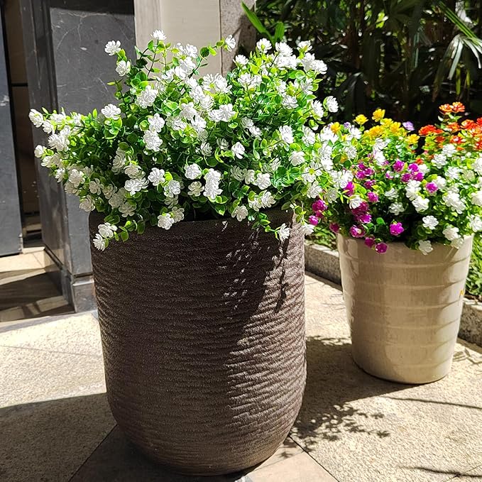 12 Bundles Artificial Flowers for Outdoors, UV Resistant Fake Flowers with Plastic Plants, Faux Flowers for Outside Window Box Front Porch Hanging Planter Decor (White)